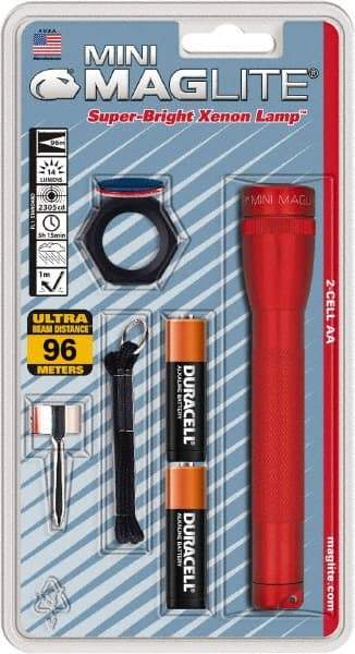 Mag-Lite - Krypton Bulb, 14 Lumens, Mini Flashlight - Red Aluminum Body, 2 AA Alkaline Batteries Included - Makers Industrial Supply