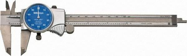 Mitutoyo - 0mm to 6" Range, 0.001" Graduation, 0.1" per Revolution, Dial Caliper - Blue Face, 1-9/16" Jaw Length, Accurate to 0.0010" - Makers Industrial Supply