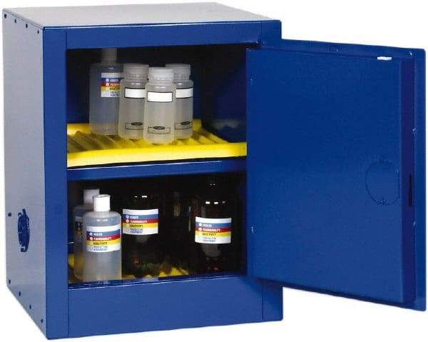 Eagle - 1 Door, 1 Shelf, Blue Steel Bench Top Safety Cabinet for Corrosive Chemicals - 23" High x 17-1/2" Wide x 18" Deep, Self Closing Door, 3 Point Key Lock, 4 Gal Capacity - Makers Industrial Supply