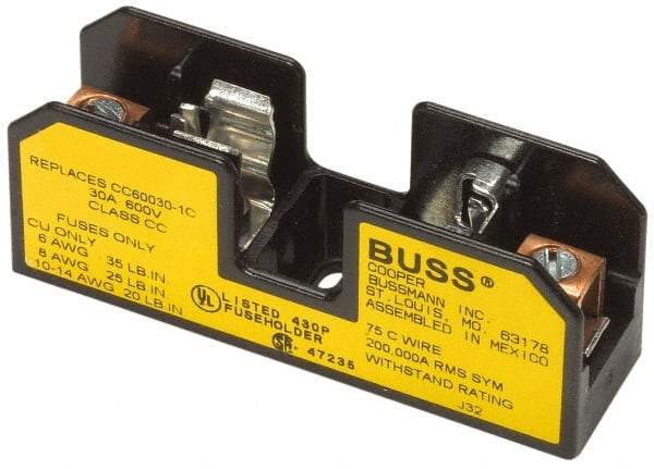 Cooper Bussmann - 2 Pole, 10 to 14 AWG, 480 VAC/VDC, 30 Amp, DIN Rail Mount Fuse Block - 3 Inch Long x 1.63 Inch Wide x 1.22 Inch High Block - Makers Industrial Supply