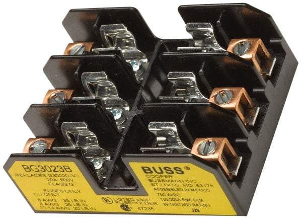 Cooper Bussmann - 3 Pole, 14 to 6 AWG, 480 VAC/VDC, 30 Amp, DIN Rail Mount Fuse Block - 3 Inch Long x 2.38 Inch Wide x 1.22 Inch High Block - Makers Industrial Supply