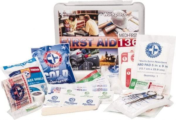 Medique - 136 Piece, Multipurpose/Auto/Travel First Aid Kit - 10-1/2" Wide x 3" Deep x 9" High, Plastic Case - Makers Industrial Supply