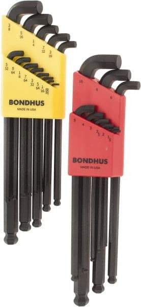 Bondhus - 22 Piece L-Key Ball End Hex Key Set - Hex Range 0.05 to 3/8", Protanium Up to reg/ Over Steel - Makers Industrial Supply