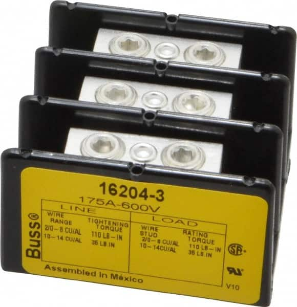 Cooper Bussmann - 3 Poles, 175 Amp, 2/0-8 AWG (Cu/Al) Primary, 2/0-8 AWG (Cu/Al) Secondary, Thermoplastic Power Distribution Block - 600 VAC/VDC, 1 Primary Connection, 5.2 Inch Long x 3.32 Inch Deep x 4 Inch High - Makers Industrial Supply