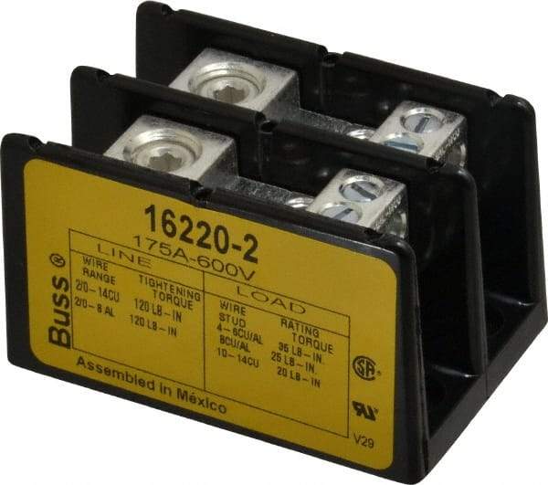 Cooper Bussmann - 2 Poles, 175 Amp, 8-2/0 AWG (Al), 14-2/0 AWG (Cu) Primary, 4-14 AWG (Cu), 4-8 AWG (Al) Secondary, Thermoplastic Power Distribution Block - 600 VAC/VDC, 1 Primary Connection, 3.58 Inch Long x 3.32 Inch Deep x 4 Inch High - Makers Industrial Supply