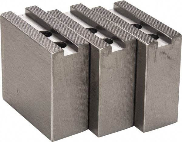 H & R Manufacturing - 1.5mm x 60° Serrated Attachment, Square Soft Lathe Chuck Jaw - 3 Jaws, Steel, 1" Btw Mount Hole Ctrs, 3-1/2" Long x 1-1/2" Wide x 3-1/2" High, 0.551" Groove, 12mm Fastener - Makers Industrial Supply