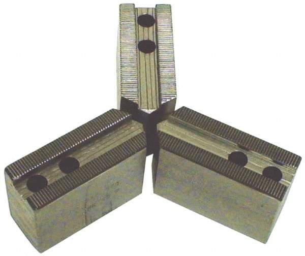 H & R Manufacturing - 4" Chuck Capacity, 1.5mm x 60° Serrated Attachment, Square Soft Lathe Chuck Jaw - 3 Jaws, Steel, 0.6" Btw Mount Hole Ctrs, 2" Long x 1" Wide x 1" High, 0.316" Groove, 5mm Fastener - Makers Industrial Supply