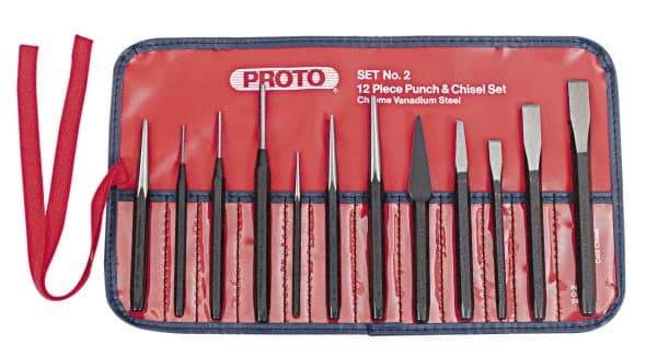 Proto - 12 Piece Punch & Chisel Set - 13/64 to 1/2" Chisel, 3/8 to 3/16" Punch, Round Shank - Makers Industrial Supply