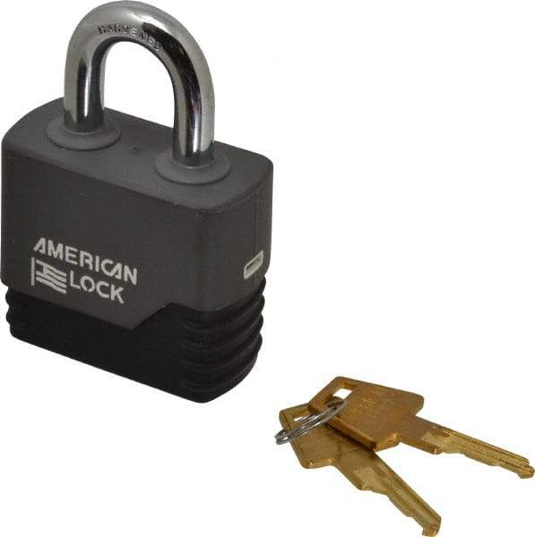 American Lock - 1-1/8" Shackle Clearance, Keyed Different Padlock with Weather Cover - 3/8" Shackle Diam, Brass - Makers Industrial Supply