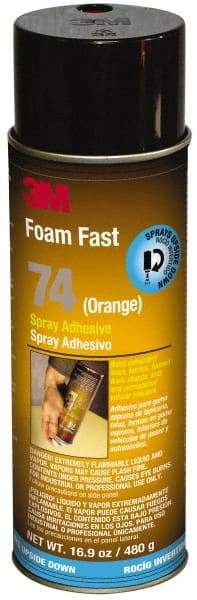 3M - 24 oz Aerosol Orange Spray Adhesive - High Tack, 170°F Heat Resistance, 40 Sq Ft Coverage, Medium Strength Bond, 15 min Max Bonding Time, Flammable, Series 74 - Makers Industrial Supply