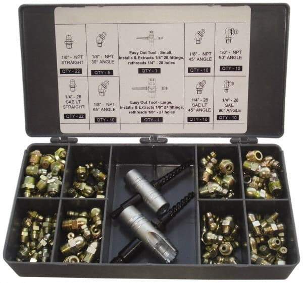 PRO-LUBE - 101 Piece, Inch, Box Plastic Steel Grease Fitting Set - Includes PTF, UNF Thread Types, Includes 1/4-28 SAE-LT: (22) Straight, (10) 45°, (10) 90°, 1/8-27 PTF: (22) Straight, (5) 30°, (10) 45°, (10) 65°, (10) 90° - Makers Industrial Supply