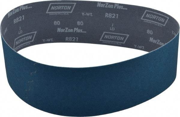 Norton - 4" Wide x 36" OAL, 80 Grit, Zirconia Alumina Abrasive Belt - Zirconia Alumina, Medium, Coated, Y Weighted Cloth Backing, Dry, Series R821 - Makers Industrial Supply