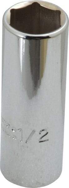 Proto - 1/2", 1/4" Drive, Deep Hand Socket - 6 Points, 2" OAL, Chrome Finish - Makers Industrial Supply