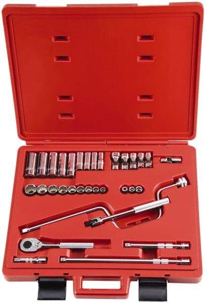 Proto - 33 Piece 3/8" Drive Socket Set - 6, 8, 12 Points, 1/4" to 7/8" Range, Inch Measurement Standard - Makers Industrial Supply