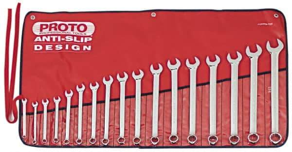 Proto - 17 Piece, 7mm to 24mm, 12 Point Combination Wrench Set - Metric Measurement Standard, Full Polish Finish, Comes in Tool Roll - Makers Industrial Supply