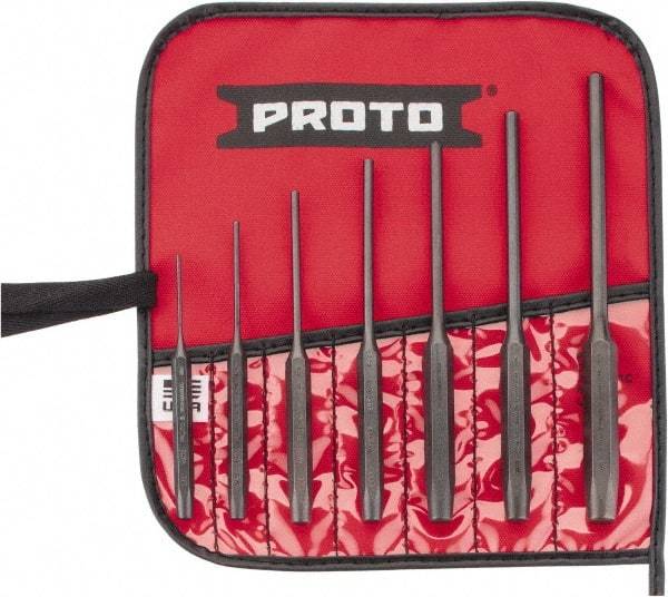 Proto - 7 Piece, 1/16 to 1/4", Pin Punch Set - Round Shank, Comes in Pouch - Makers Industrial Supply