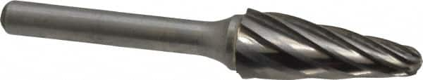 Atrax - 1/2" Cut Diam, 1/4" Shank Diam, Taper Head Fluted Cut Burr - Radius End, 1-1/8" LOC, 3" OAL - Makers Industrial Supply