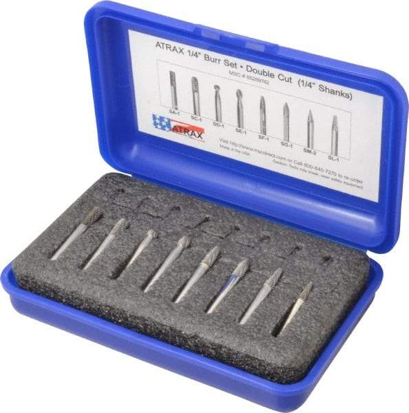 Atrax - 8 Piece, 1/4" Shank Burr Set - Tungsten Carbide, Multiple Head Shape - Makers Industrial Supply