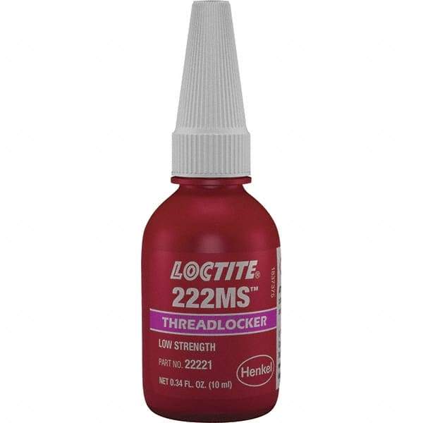 Loctite - 10 mL Bottle, Purple, Low Strength Liquid Threadlocker - Series 222, 24 hr Full Cure Time, Hand Tool Removal - Makers Industrial Supply