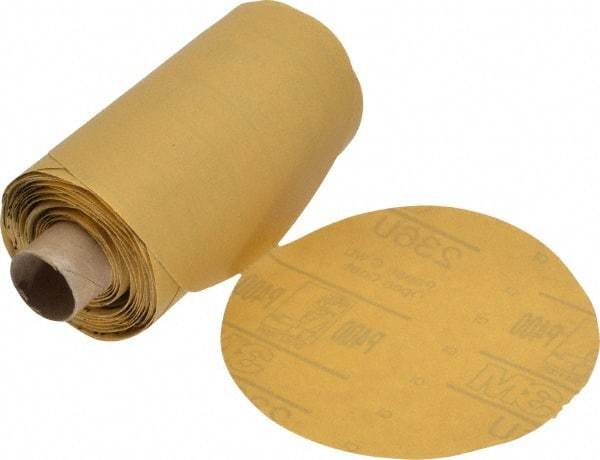 3M - 5" Diam, 400 Grit Aluminum Oxide Adhesive PSA Disc - Extra Fine Grade, Yellow, C Weighted Backing, Flexible, Use with Random Orbital Sanders - Makers Industrial Supply