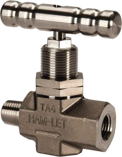 Ham-Let - 5,000 Max psi, 1/4" Pipe, 316 Grade Stainless Steel, Inline Soft Seat Instrumentation Needle Valve - MNPT x FNPT End Connections, Swaglok SS-1KM4-F4-SH - Makers Industrial Supply