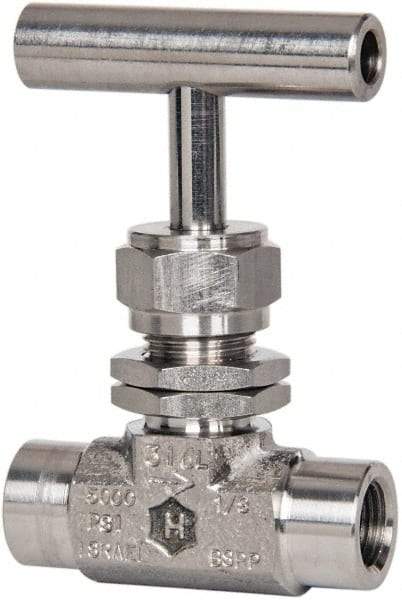 Ham-Let - 5,000 Max psi, 1/4" Pipe, 316 Grade Stainless Steel, Inline Instrumentation Needle Valve - FNPT x FNPT End Connections, Swaglok SS-1RF4-SH - Makers Industrial Supply