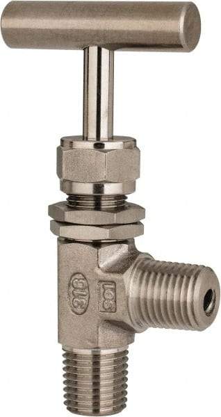 Ham-Let - 5,000 Max psi, 1/4" Pipe, 316 Grade Stainless Steel, Angled Instrumentation Needle Valve - MNPT x MNPT End Connections, Swaglok SS-1RM4-A - Makers Industrial Supply