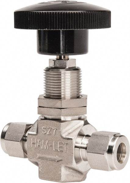 Ham-Let - 5,000 Max psi, 3/8" Pipe, 316 Grade Stainless Steel, Inline Stem Regulating Instrumentation Needle Valve - Compression x Compression End Connections, Swaglok SS-1RS6 - Makers Industrial Supply