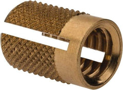 E-Z LOK - 5/16-18 UNC Brass Flush Press Fit Threaded Insert for Plastic - 9/16" OAL, 0.389" Insert Diam, 3/8" Hole Diam, 3/8" Drill - Makers Industrial Supply