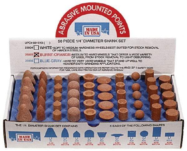 Made in USA - 100 Piece Aluminum Oxide Vitrified Mounted Stone Abrasive Point Set - Includes Shapes A4, A12, A14, A21, A32, A37, A39, A40, W206 & W218 - Makers Industrial Supply