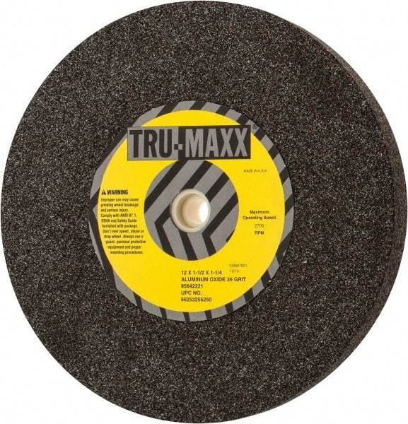 Tru-Maxx - 36 Grit Aluminum Oxide Bench & Pedestal Grinding Wheel - 12" Diam x 1-1/4" Hole x 1-1/2" Thick, 2705 Max RPM, P Hardness, Very Coarse Grade , Vitrified Bond - Makers Industrial Supply