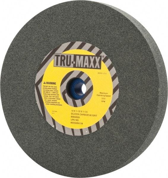 Tru-Maxx - 80 Grit Silicon Carbide Bench & Pedestal Grinding Wheel - 10" Diam x 1-1/4" Hole x 1-1/2" Thick, 3250 Max RPM, K Hardness, Medium Grade , Vitrified Bond - Makers Industrial Supply