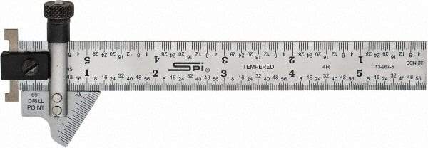 SPI - 6 Inch Long x 3/4 Wide Blade, 118° Bevel Angle, Steel Ruler Drill Point Gage - 1/8 Inch Ruler Graduation, Removable Ruler Hook - Makers Industrial Supply