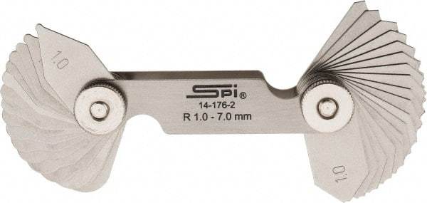 SPI - 34 Piece, 1 to 7 mm Radius, Stainless Steel Radius Gage Set - Style B, 0.25 mm Graduation - Makers Industrial Supply