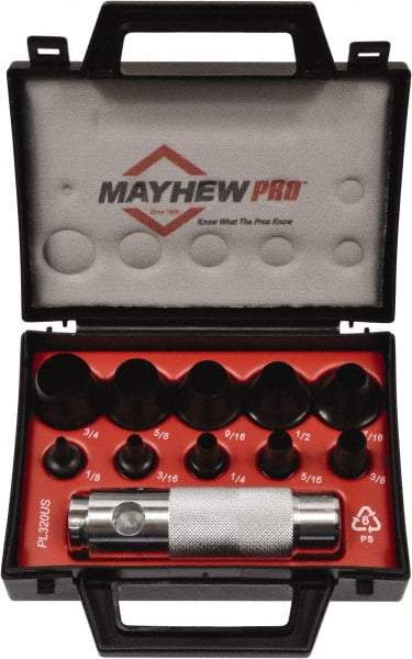 Mayhew - 11 Piece, 1/8 to 3/4", Hollow Punch Set - Round Shank, Alloy Steel, Comes in Plastic Case - Makers Industrial Supply