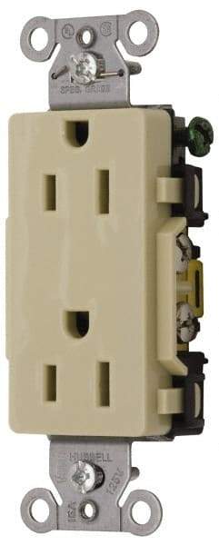 Hubbell Wiring Device-Kellems - 125 VAC, 15 Amp, 5-15R NEMA Configuration, Ivory, Specification Grade, Self Grounding Duplex Receptacle - 1 Phase, 2 Poles, 3 Wire, Flush Mount - Makers Industrial Supply