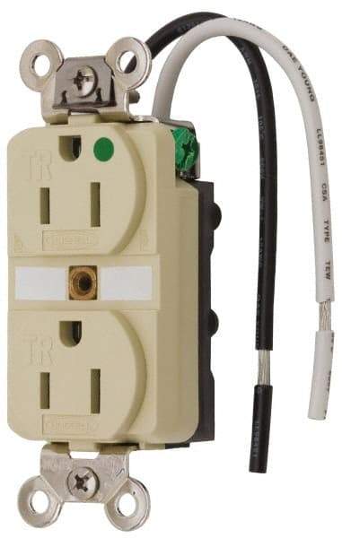 Hubbell Wiring Device-Kellems - 125 VAC, 15 Amp, 5-15R NEMA Configuration, Ivory, Hospital Grade, Self Grounding Duplex Receptacle - 1 Phase, 2 Poles, 3 Wire, Flush Mount, Chemical, Corrosion and Impact Resistant, Tamper Resistant - Makers Industrial Supply