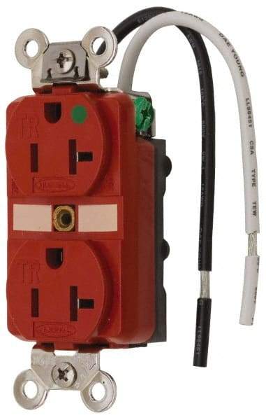 Hubbell Wiring Device-Kellems - 125 VAC, 20 Amp, 5-20R NEMA Configuration, Red, Hospital Grade, Self Grounding Duplex Receptacle - 1 Phase, 2 Poles, 3 Wire, Flush Mount, Chemical, Corrosion and Impact Resistant, Tamper Resistant - Makers Industrial Supply