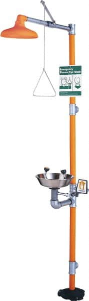 PRO-SAFE - 1-1/4" Inlet, 20 GPM shower Flow, Drench shower & Eyewash Station - Bowl, Triangular Pull Rod & Push Flag Activated, Galvanized Steel Pipe, Plastic Shower Head, 0.4 GPM Bowl Flow, Corrosion Resistant, Top or Mid Supply - Makers Industrial Supply