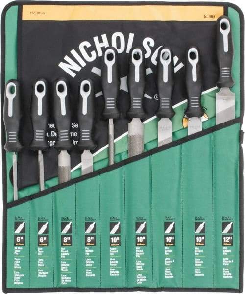 Nicholson - 9 Piece American Pattern File Set - 6", 8", 10", 12" Long, Bastard Coarseness, Set Includes Flat, Half Round, Mill, Round, Slim Taper - Makers Industrial Supply