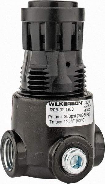 Wilkerson - 1/4 NPT Port, 15 CFM, Zinc Miniature Regulator - 2 to 125 psi Range, 300 Max psi Supply Pressure, 1/8" Gauge Port Thread, 1.65" Wide x 2.88" High - Makers Industrial Supply