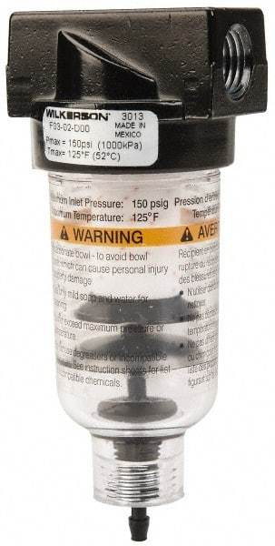 Wilkerson - 1/4" Port, 4.26" High x 1.69" Wide, Miniature FRL Filter with Polycarbonate Bowl & Piston Drain - 24 SCFM, 150 Max psi, 125°F Max - Makers Industrial Supply