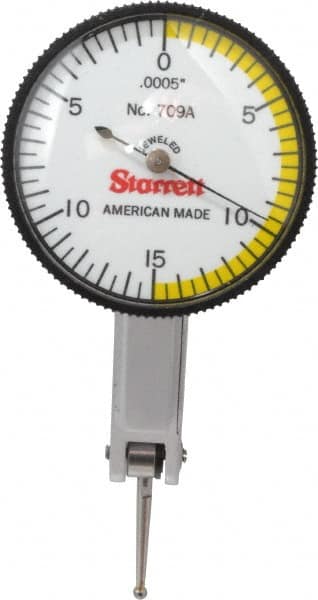 Starrett - 0.03 Inch Range, 0.0005 Inch Dial Graduation, Horizontal Dial Test Indicator - 1-3/8 Inch White Dial, 0-15-0 Dial Reading - Makers Industrial Supply