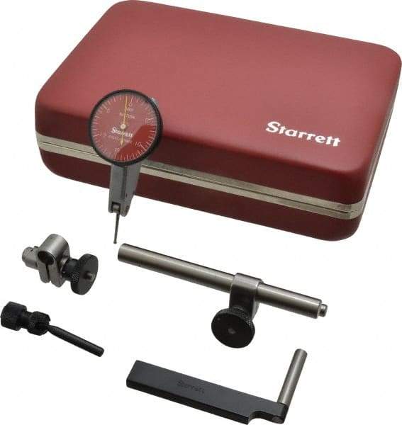 Starrett - 7 Piece, 0" to 0.03" Measuring Range, 1-3/8" Dial Diam, 0-15-0 Dial Reading, Red Dial Test Indicator Kit - 13/16" Contact Point Length, 2mm Ball Diam, 0.0005" Dial Graduation - Makers Industrial Supply