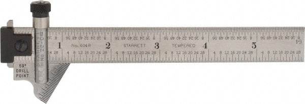 Starrett - 6 Inch Long, 59° Bevel Angle, Ruler Drill Point Gage - 1/32 Inch Bevel x 1/64 to 1/8 Ruler Graduation, Removable and Adjustable Ruler Hook, Depth Gage, Hook Rule, Plain Rule, Slide Caliper Function, Use with Rules 18.7mm Wide by 3/64 Inch Thick - Makers Industrial Supply