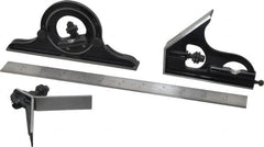 Starrett - 4 Piece, 12" Combination Square Set - 1/100, 1/32, 1/50 & 1/64" (16R) Graduation, Steel Blade, Forged Steel Center, Protractor & Square Head - Makers Industrial Supply