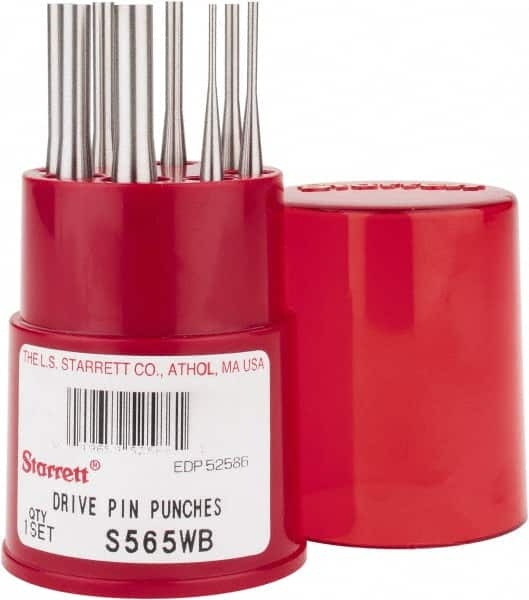 Starrett - 8 Piece, 1/16 to 5/16", Pin Punch Set - Round Shank, Comes in Round Container - Makers Industrial Supply