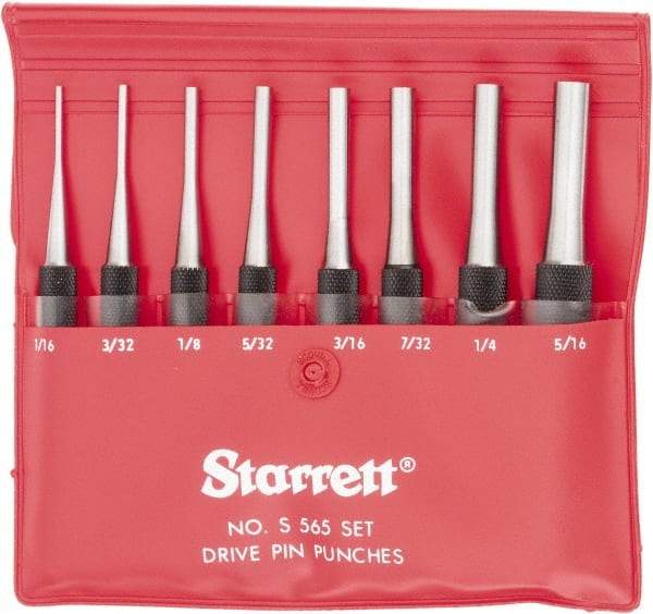 Starrett - 8 Piece, 1/16 to 5/16", Pin Punch Set - Round Shank, Comes in Vinyl Pouch - Makers Industrial Supply