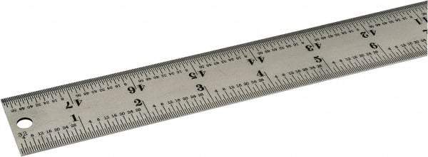 Starrett - 48" Long, 1/64, 1/32, 1/16, 1/8" Graduation, Rigid Spring Steel Rule - 4R Graduation Style, 1-1/4" Wide, Silver, Satin Chrome Finish - Makers Industrial Supply