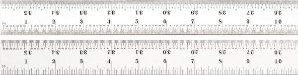 Starrett - 36" Long, 1/100, 1/64, 1/32, 1/16" Graduation, Rigid Spring Steel Rule - 7R Graduation Style, 1-1/4" Wide, Silver, Satin Chrome Finish - Makers Industrial Supply